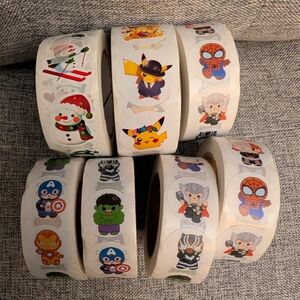 Bundle Of Character Sticker Rolls, 7 Rolls, 500 Stickers Each
